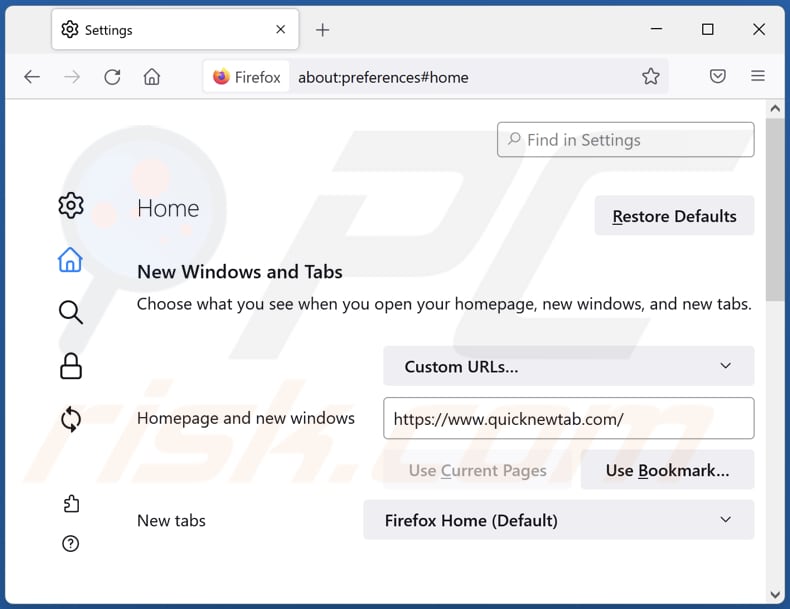 Rimozione di quicknewtab.com dalla home page di Mozilla Firefox