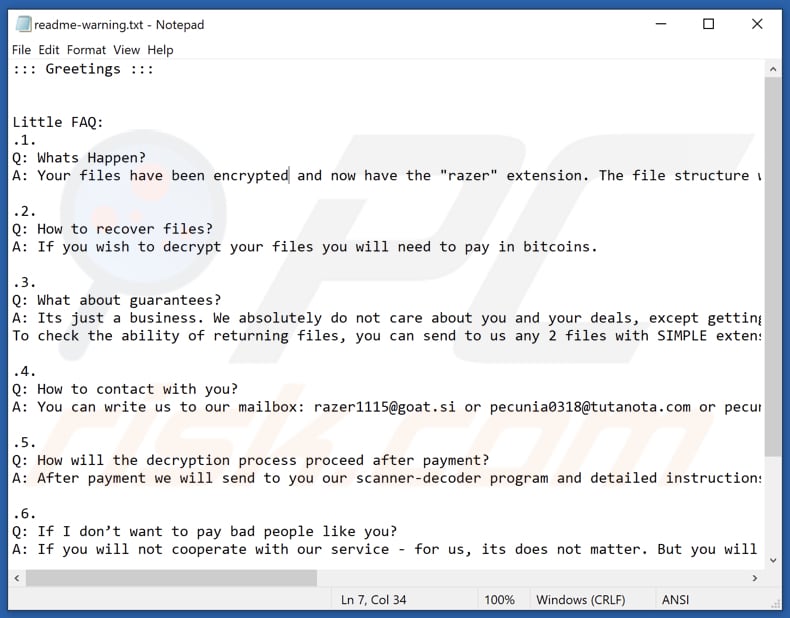 File di testo Razer ransomware (readme-warning.txt)