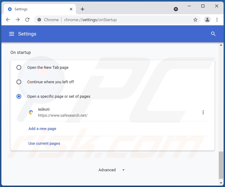 Rimozione di safesearch.net dalla home page di Google Chrome