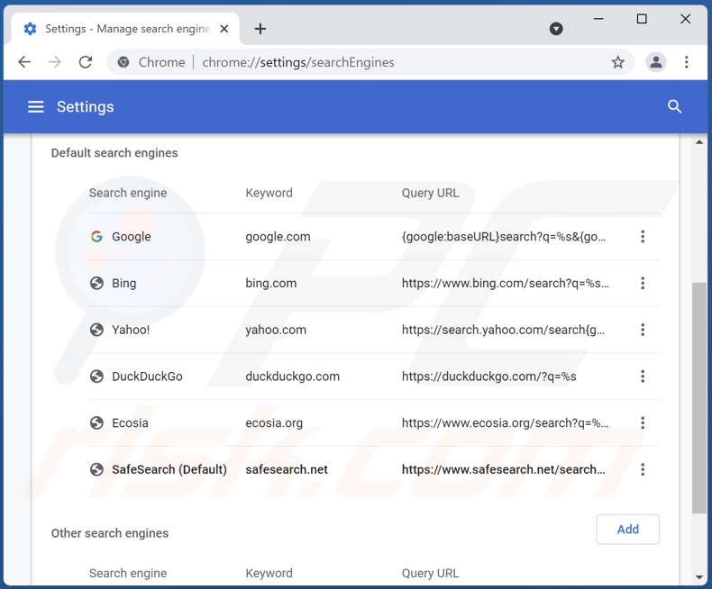 Rimozione di safesearch.net dal motore di ricerca predefinito di Google Chrome