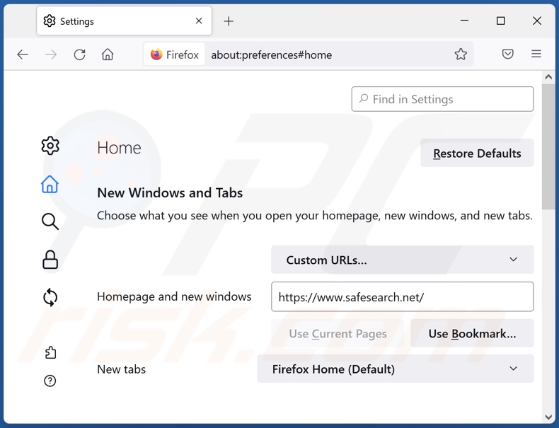 Rimozione di safesearch.net dalla home page di Mozilla Firefox