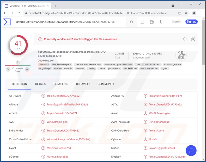 Rilevamenti di malware SpyAgent su VirusTotal