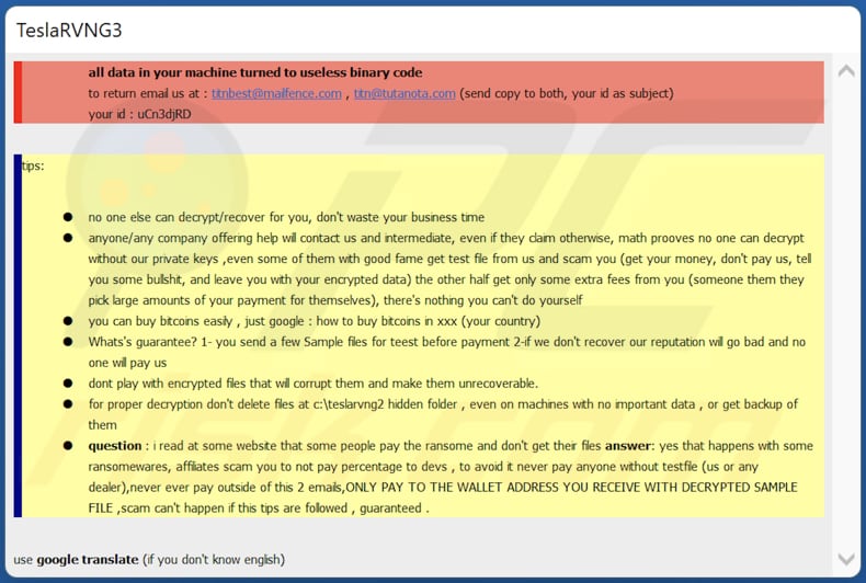 File di testo del ransomware TeslaRVNG3 (teslarvng3.hta)