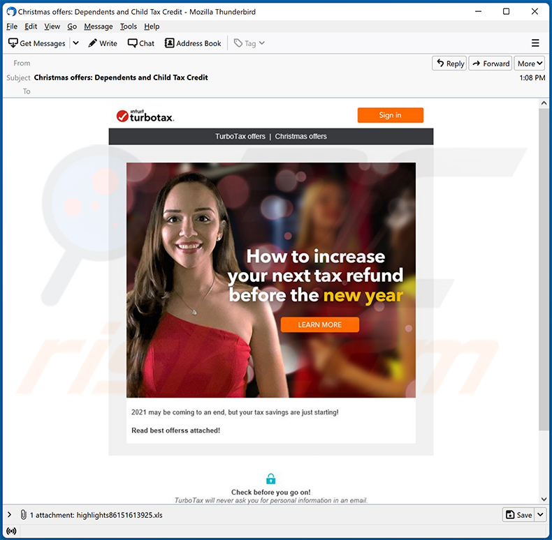 TurboTax email virus che diffonde malware e-mail campagna di spam
