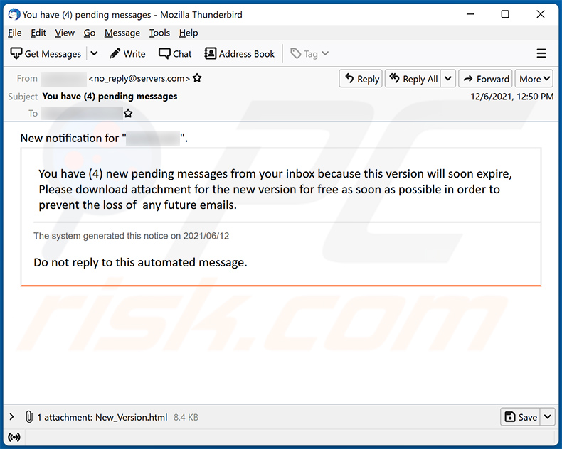 Ancora un altro esempio di spam a tema posta non recapitata che diffonde un file HTML utilizzato per scopi di phishing (2021-12-07)