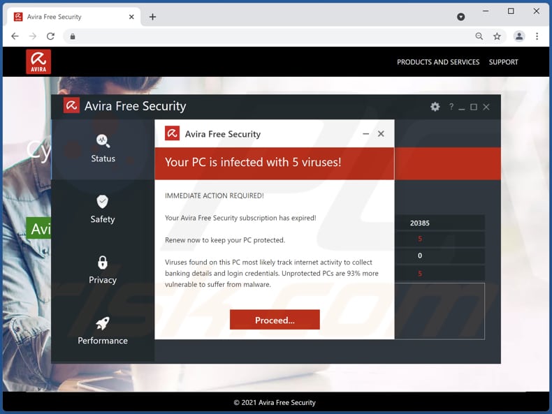 Avira Free Security - Your PC is infected with 5 viruses! pop-up truffa