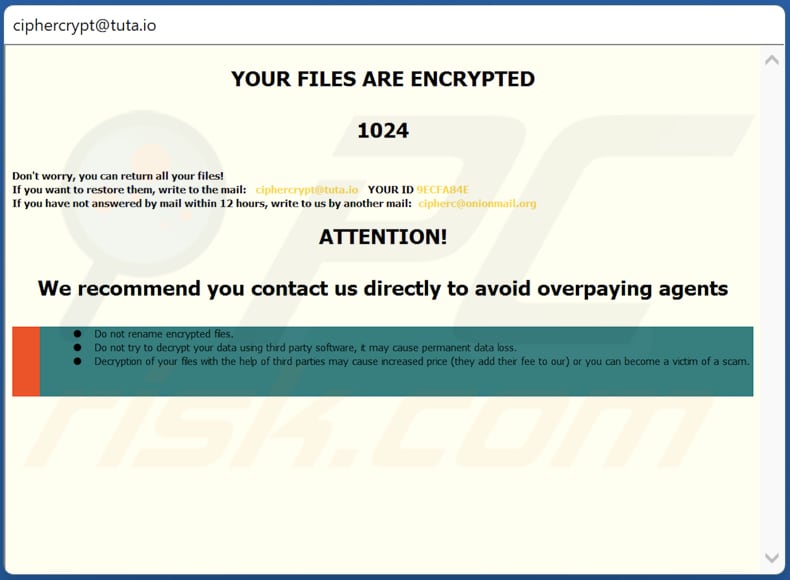 cip ransomware Screenshot della richiesta di riscatto in una finestra pop-up