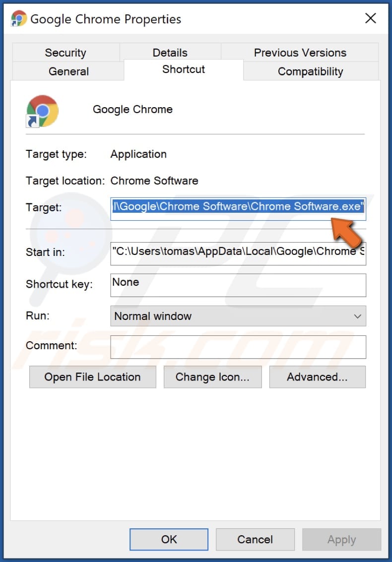 l'app google falsa ha cambiato la posizione di destinazione del collegamento di Chrome