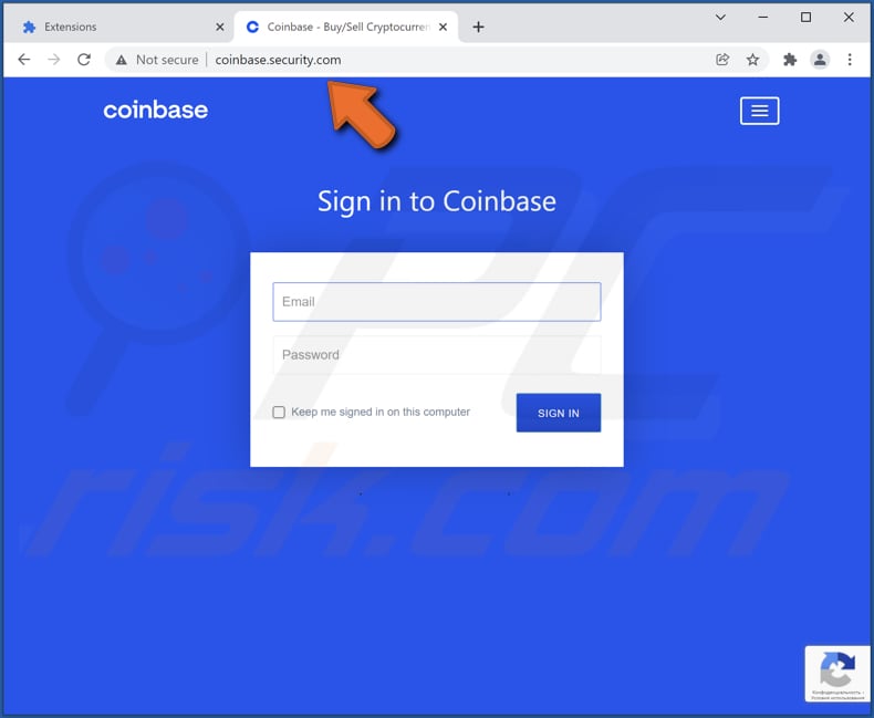 Screenshot del sito Web falso di CoinBase