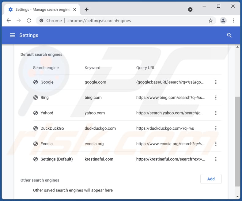 Rimozione di krestinaful.com dal motore di ricerca predefinito di Google Chrome