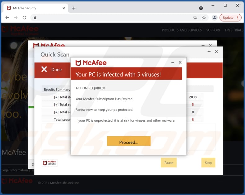 Sito malevolo che promuove il messaggio truffa McAfee - Your PC is infected with 5 viruses!