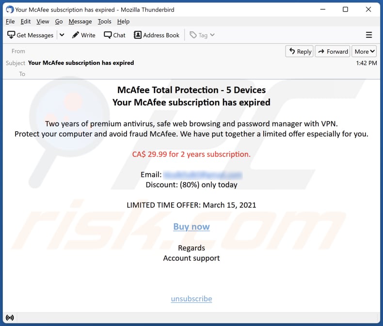 McAfee subscription has expired email truffa