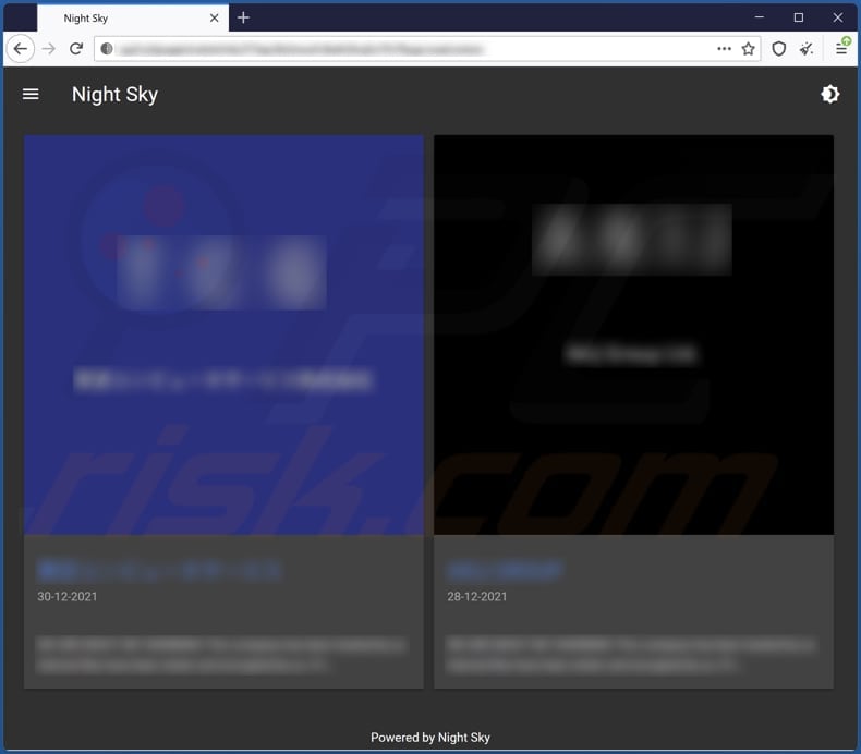 Screenshot del sito Web Tor di proprietà dei criminali informatici dietro il ransomware Night Sky 2