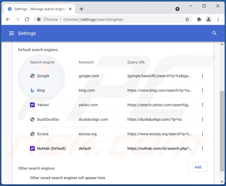 Rimozione di nuhtab.com dal motore di ricerca predefinito di Google Chrome