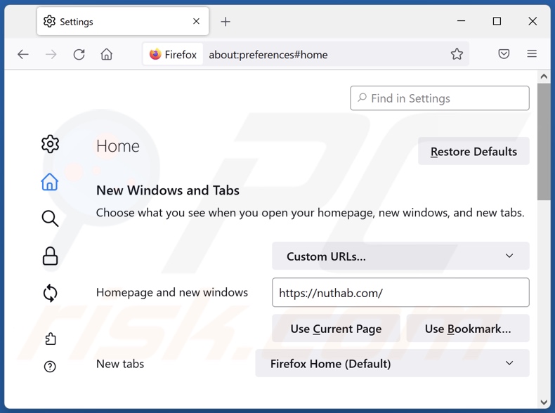 Rimozione di nuhtab.com dalla home page di Mozilla Firefox