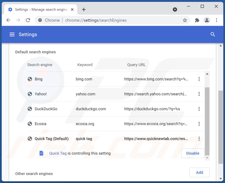 Removing quicknewtab.com from Google Chrome default search engine