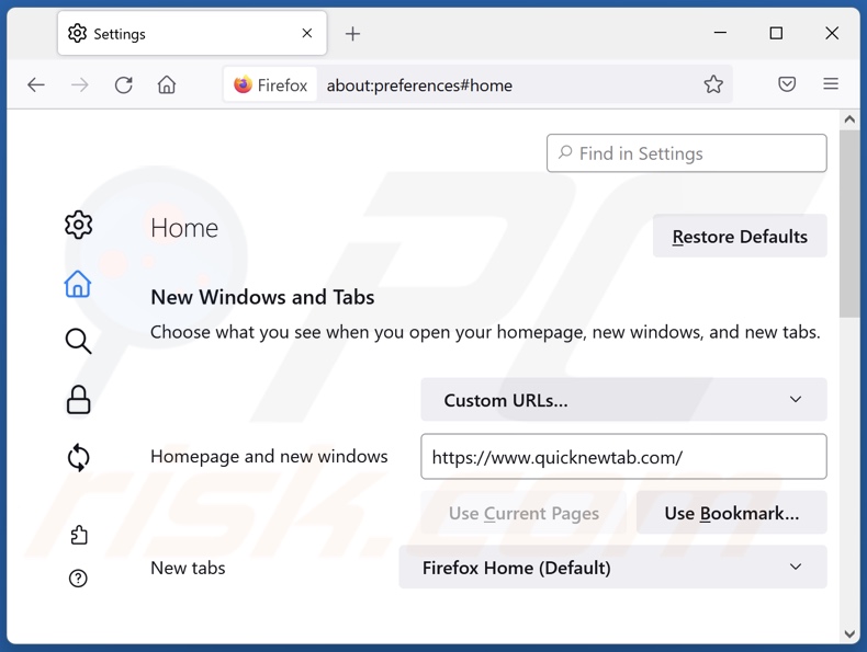 Removing quicknewtab.com from Mozilla Firefox homepage