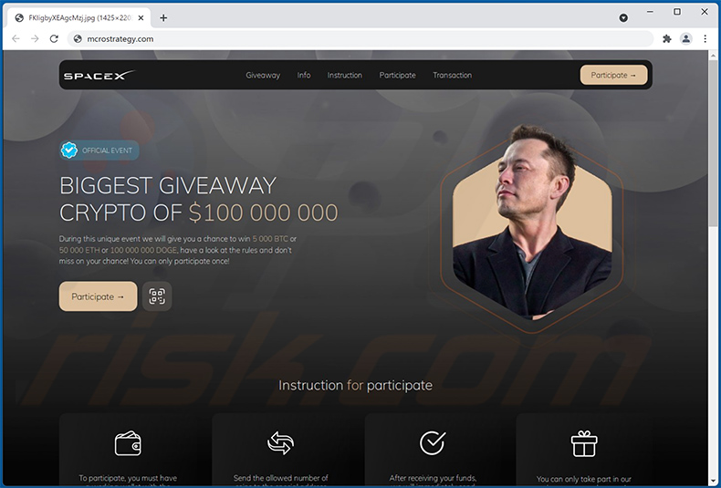 Un altro esempio di sito Web truffa (mcrostrategy[.]com) che promuove SpaceX BTC e ETH Giveaway (2022-01-28 - mcrostrategy.com)