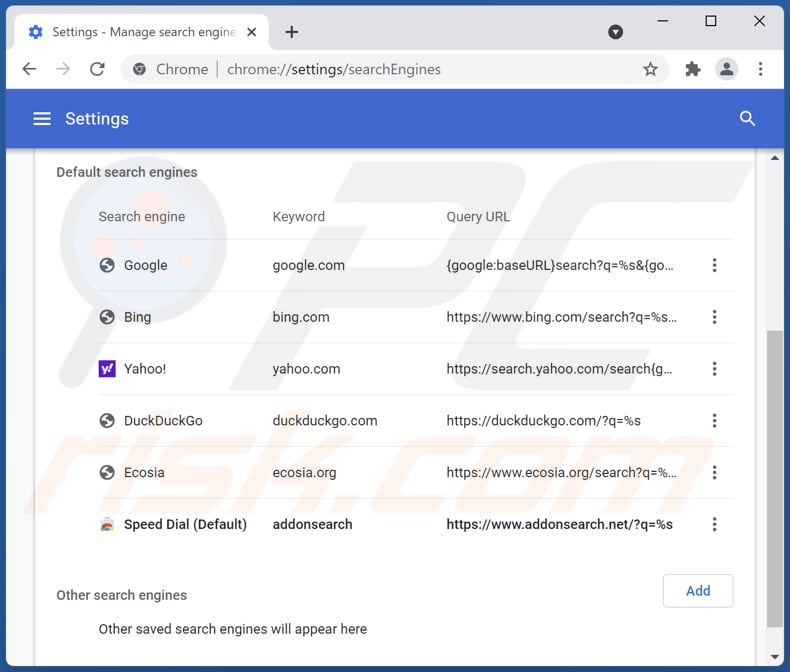 Rimozione di addonsearch.net dal motore di ricerca predefinito di Google Chrome