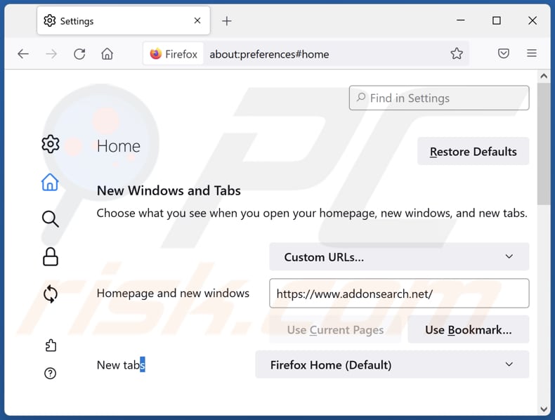 Rimozione di addonsearch.net dalla home page di Mozilla Firefox