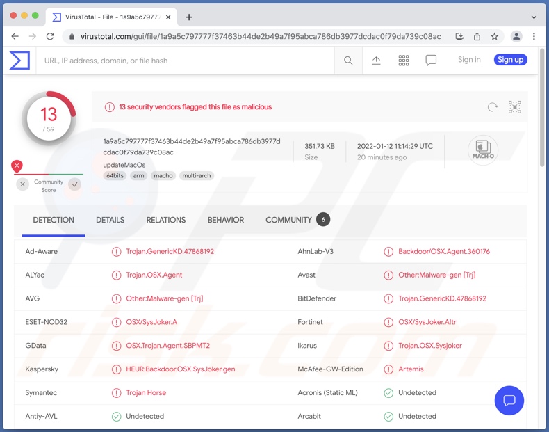 Rilevamenti di malware SysJoker su VirusTotal