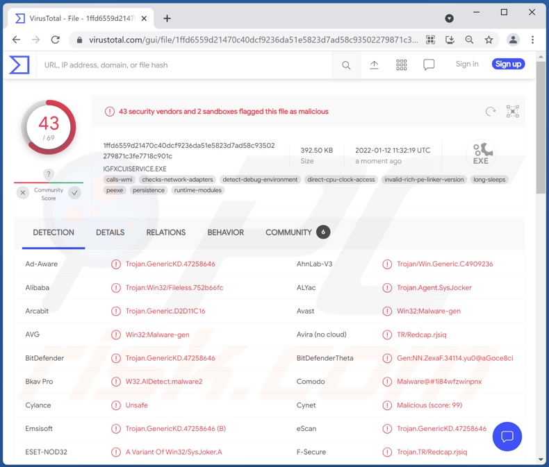 Rilevamenti di malware SysJoker su VirusTotal