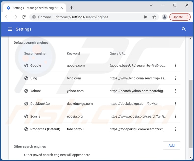 Rimozione di tobepartou.com dal motore di ricerca predefinito di Google Chrome