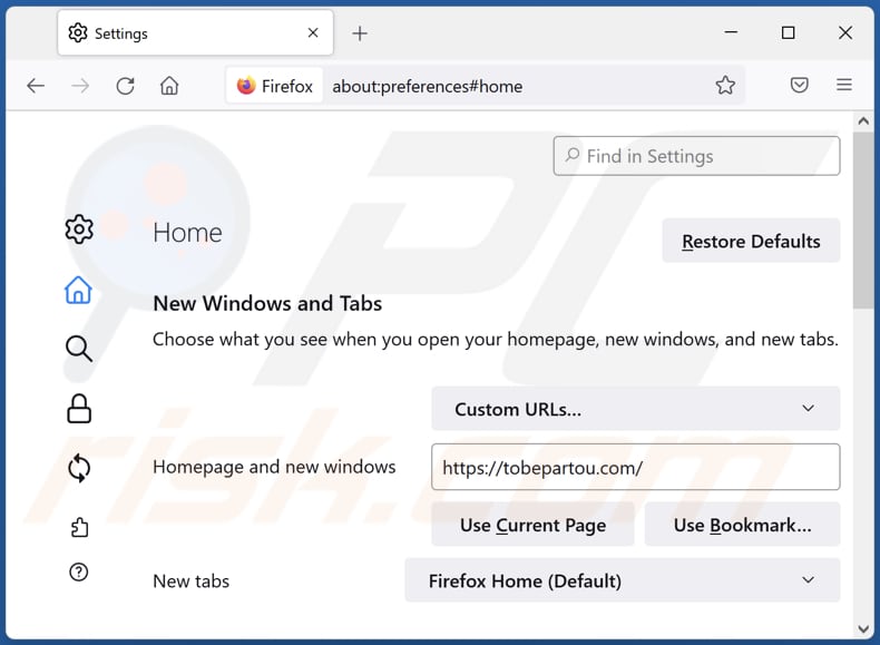 Rimozione di tobepartou.com dalla home page di Mozilla Firefox