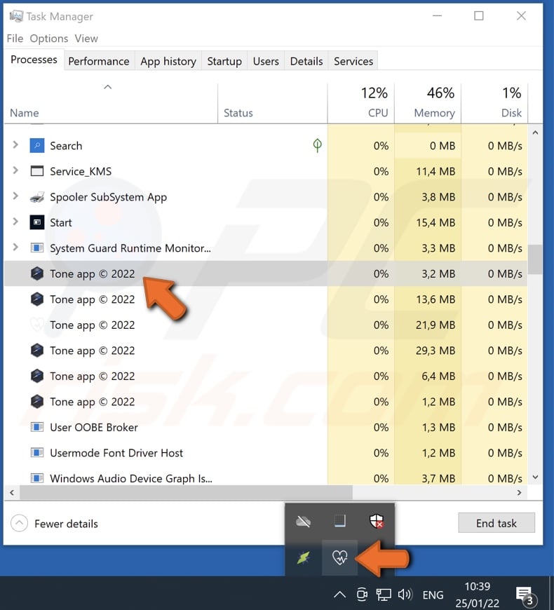 Screenshot dell'app e del processo di Tone adware su Task Manager di Windows (nome del processo 