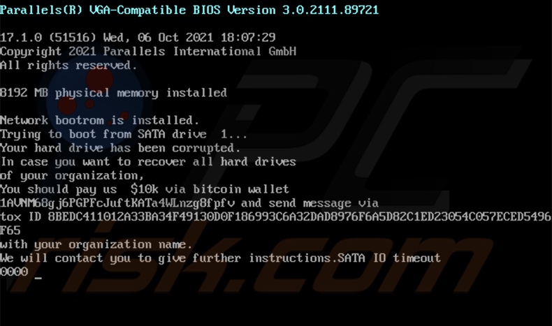 Screenshot del messaggio di richiesta di riscatto del ransomware WhisperGate