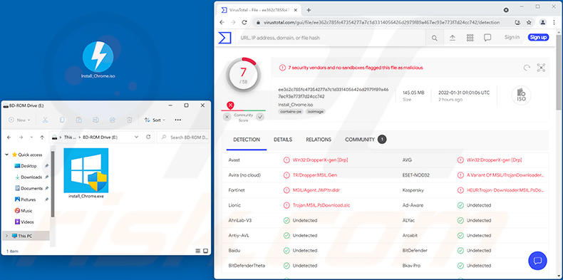 Screenshot del file ISO distribuito e dei suoi rilevamenti in VirusTotal