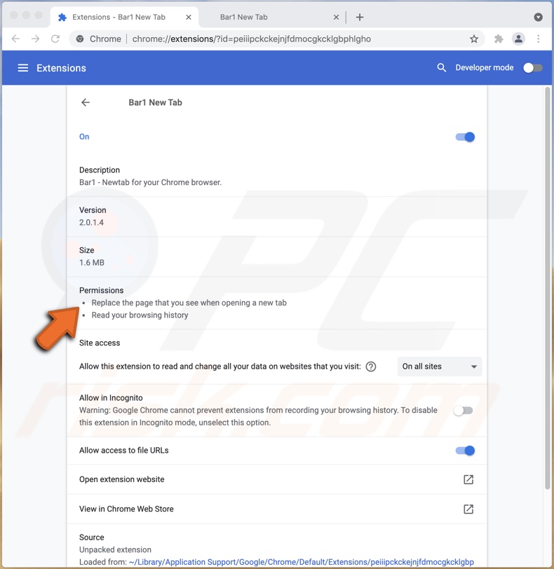 Autorizzazioni di Chrome del dirottatore del browser Bar1 new tab