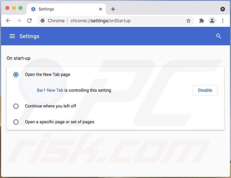 Persistenza di Chrome del dirottatore del browser Bar1 Nuova scheda