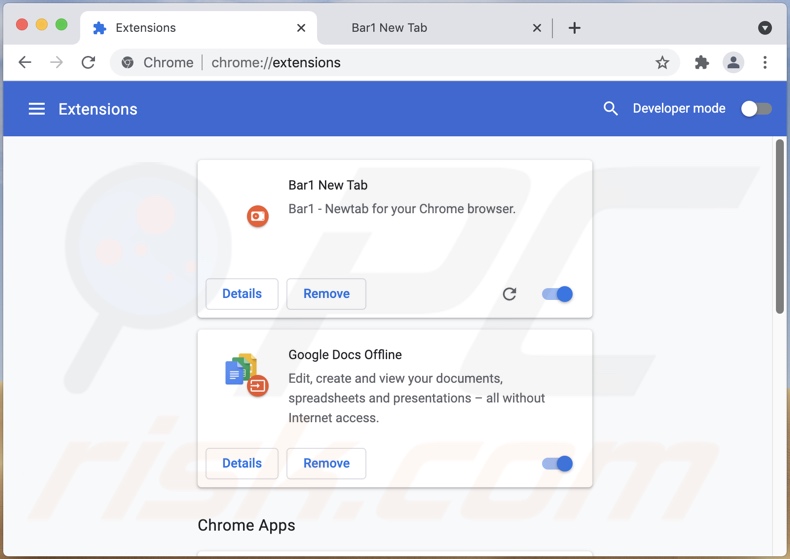 Dirottatore del browser Bar1 New Tab installato su Chrome