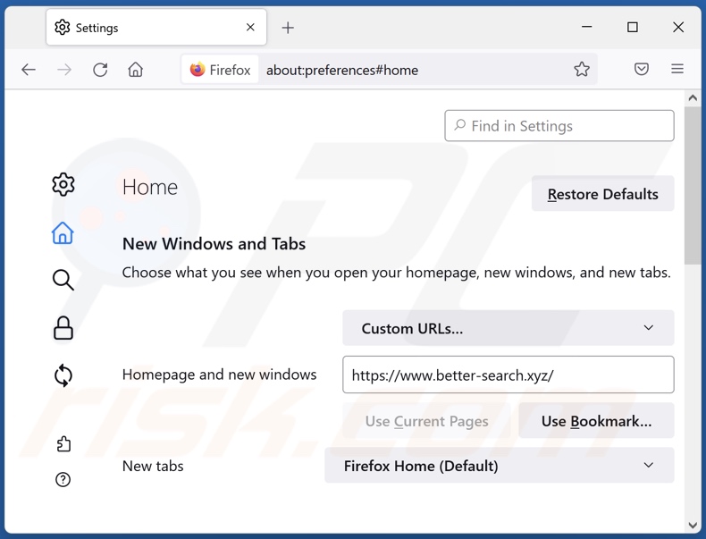 Rimozione di better-search.xyz dalla home page di Mozilla Firefox