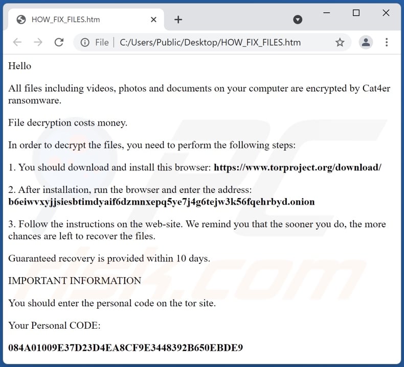 Screenshot del file HTML di Cat4er ransomware (