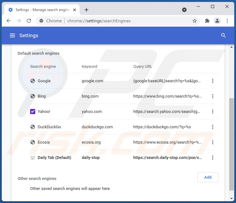 Rimozione di search.daily-stop.com dal motore di ricerca predefinito di Google Chrome