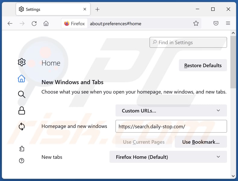 Rimozione di search.daily-stop.com dalla home page di Mozilla Firefox