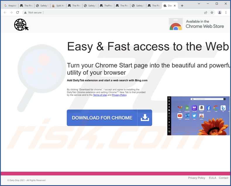 Sito web che promuove il browser hijacker Daily Tab