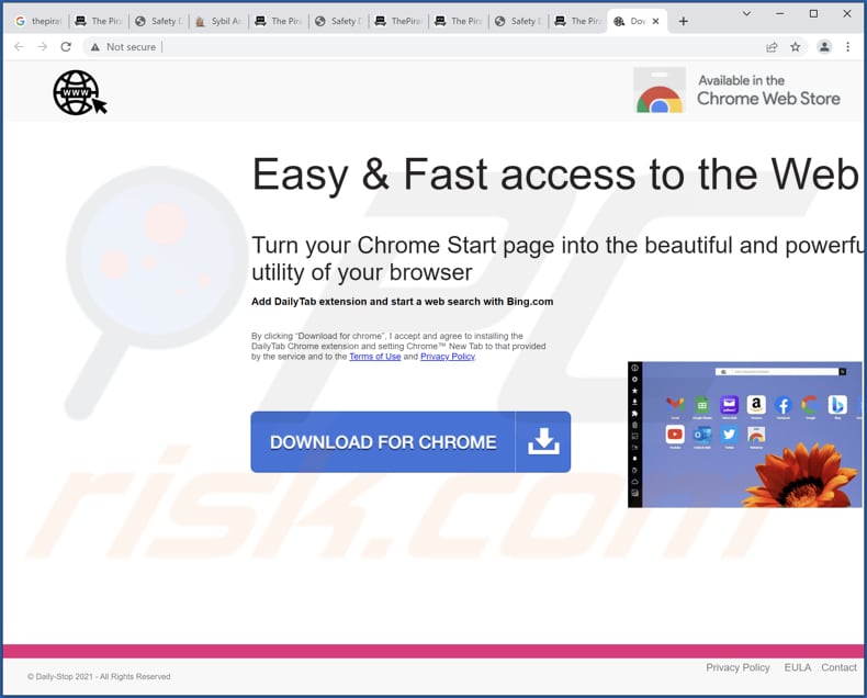 Sito web che promuove il browser hijacker Daily Tab