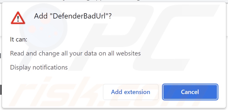 Adware DefenderBadUrl che richiede autorizzazioni relative ai dati