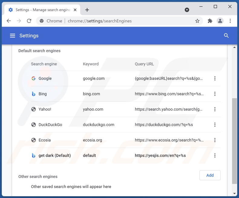 Rimozione di yesjis.com dal motore di ricerca predefinito di Google Chrome