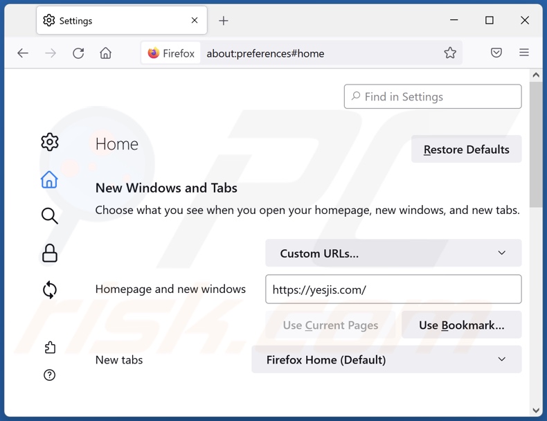 Rimozione di yesjis.com dalla home page di Mozilla Firefox
