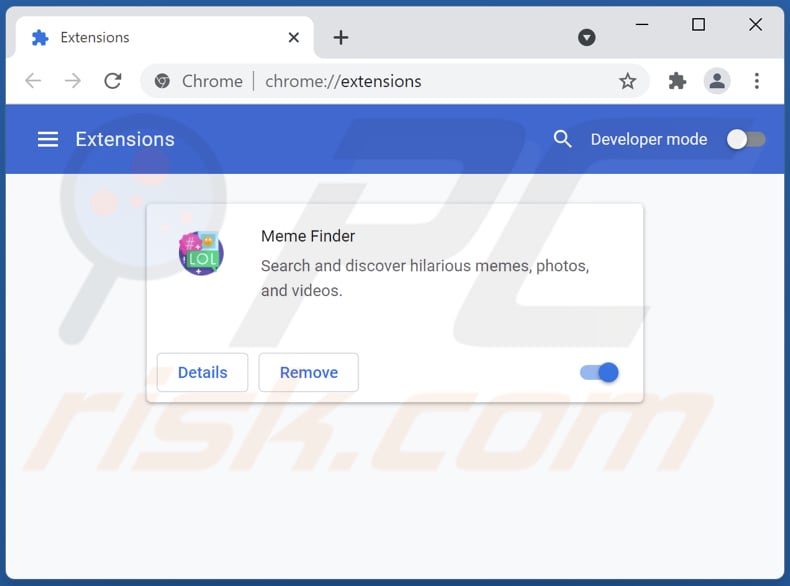 Rimozione dell'adware Meme Finder da Google Chrome step 2