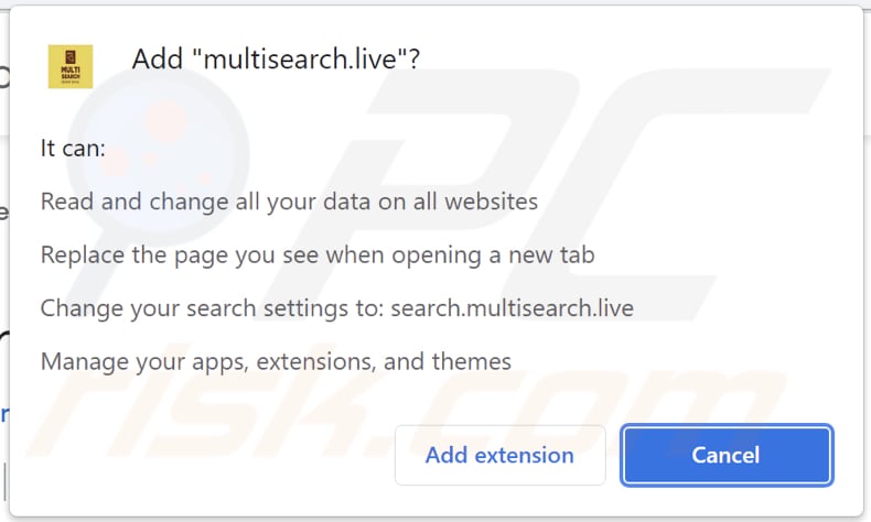 Notifica del browser contenente informazioni sul dirottatore del browser multisearch.live