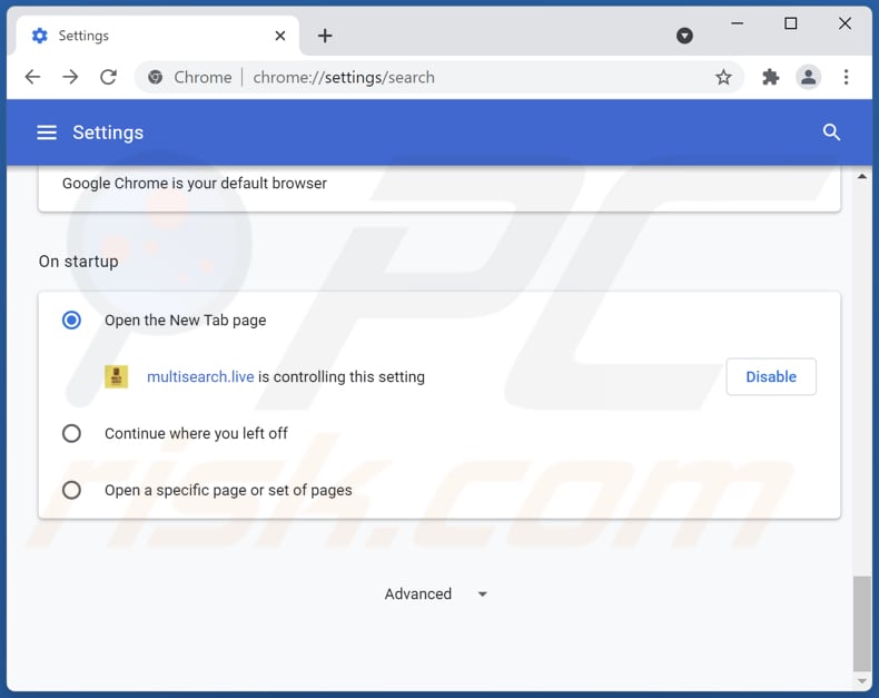 Rimozione di search.multisearch.live dalla home page di Google Chrome