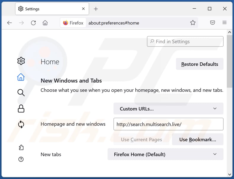 Rimozione di search.multisearch.live dalla home page di Mozilla Firefox