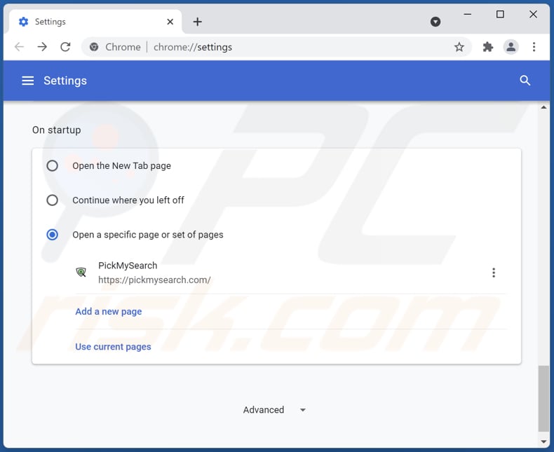 Rimozione di pickmysearch.com dalla home page di Google Chrome