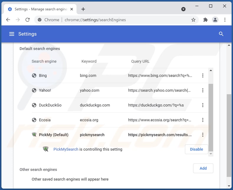 Rimozione di pickmysearch.com dal motore di ricerca predefinito di Google Chrome