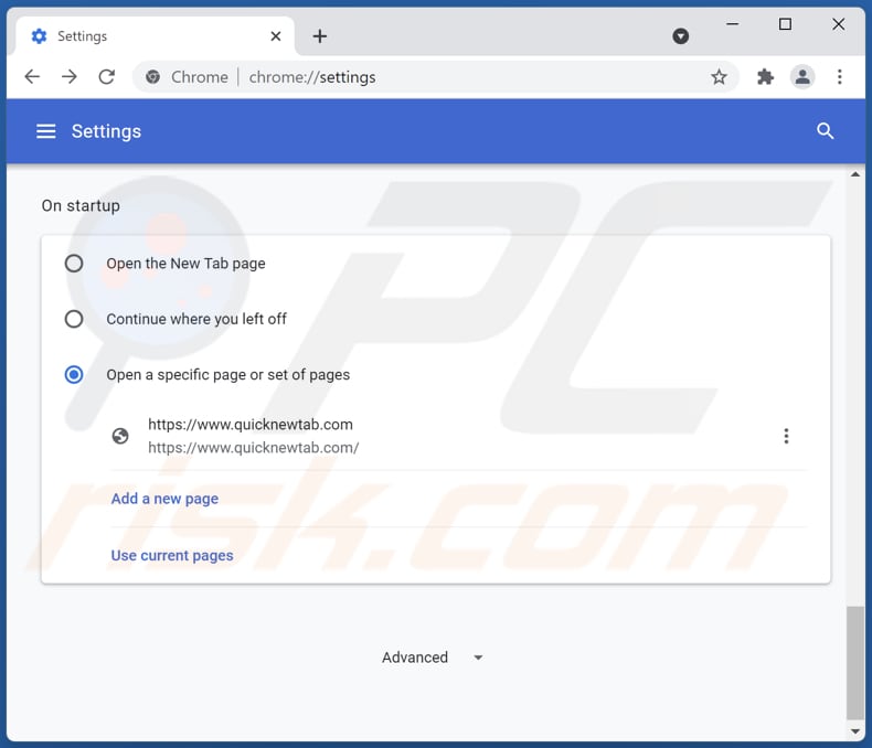 Rimozione di quicknewtab.com dalla home page di Google Chrome